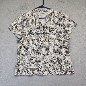 Christopher Banks Linen Shirt Women's Medium Black Brown Short Sleeve Floral Lea